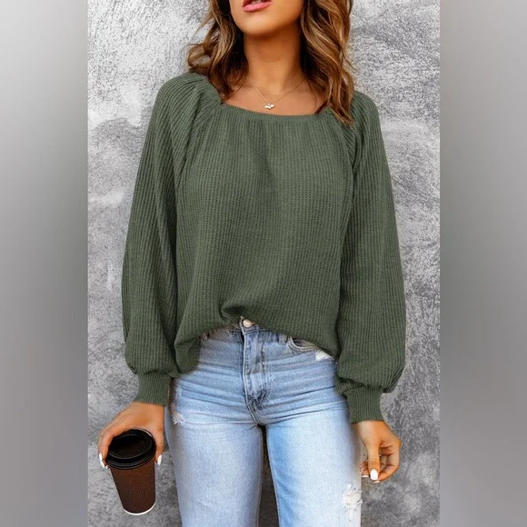 New - Shewin - Green Plain Waffle Knit Bishop Sleeve Square Neck Top - Picture 1 of 10